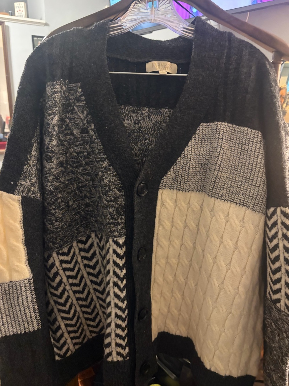 Mixed-Knit Patchwork Cardigan Sweater - Black & Cream